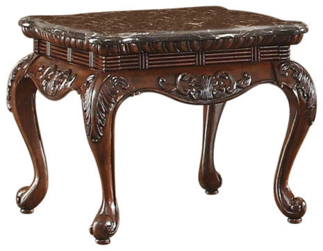 Traditional Style Engraved End Table With Marble Top, Dark Cherry Brown