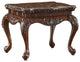 Traditional Style Engraved End Table With Marble Top, Dark Cherry Brown