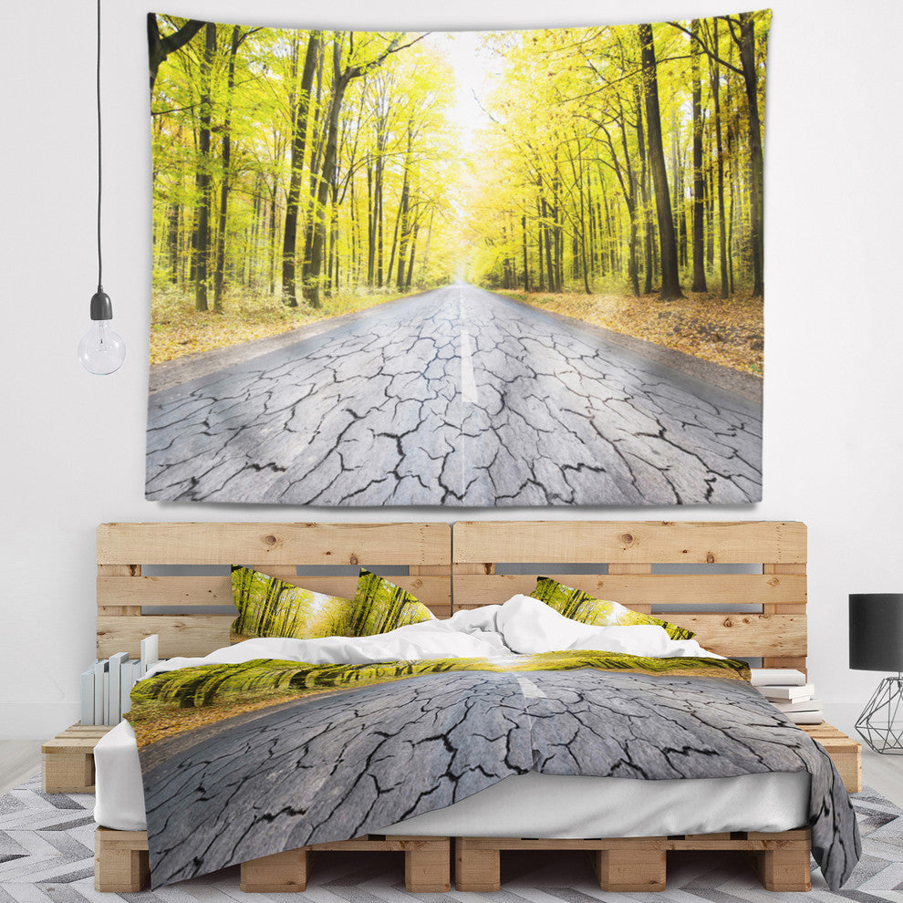 Cracked Road in the Forest Landscape Wall Tapestry, 92"x78"