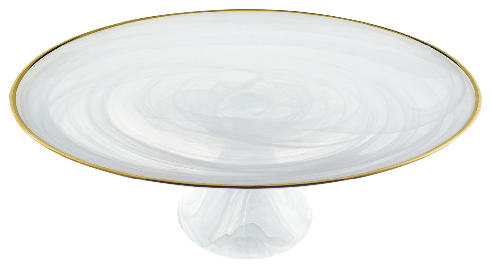 White Alabaster 13" Footed Glass Cakestand With Gold Rim