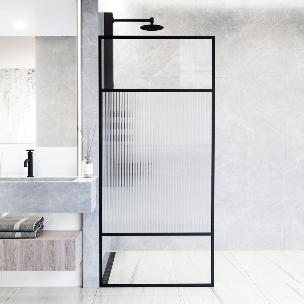 VIGO Essex 34" W x 74" H Framed Fixed Shower Screen with Fluted Glass, Matte Black