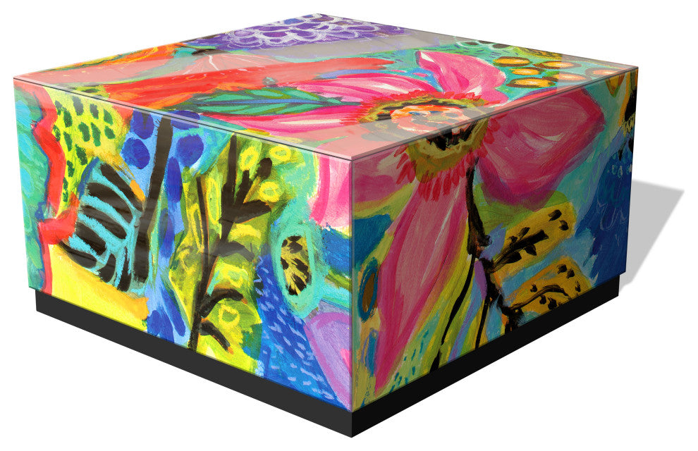 "Secret Garden Floral II" Printed Glass Cocktail Table with Black Plinth Base