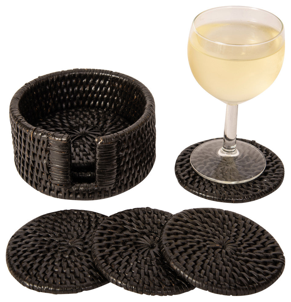 Artifacts Rattan Round Coasters With Box 7 Piece Set, Tudor Black