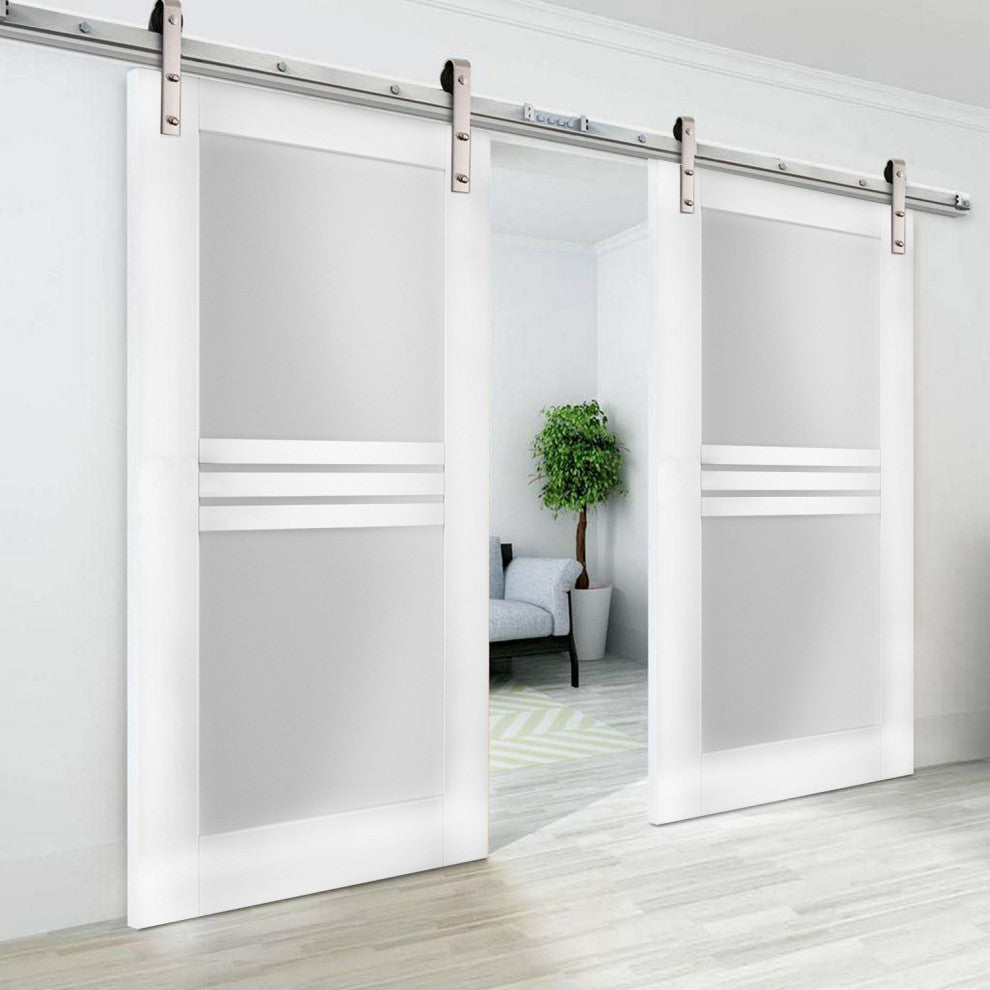 Double Barn Doors Opaque Glass 4 Lites / Mela 7222 White Silk / Silver 13FT Rail, 36" X 84" ( 2* 18x84)