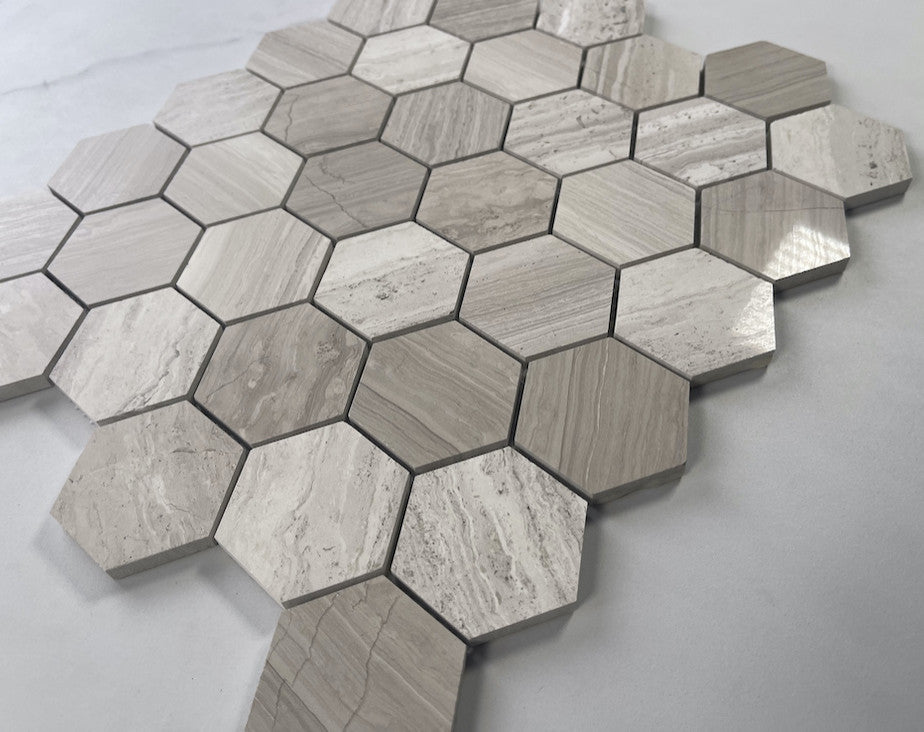2" Hexagon Athens Silver Cream Haisa Marble Wooden Beige Tile Polished, 1 sheet