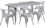 Commercial 31.5"x63" Silver Metal Indoor-Outdoor Table Set, 6 Arm Chairs