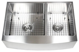 33" Curved Front Apron Stainless Steel Double Bowl Kitchen Sink Package