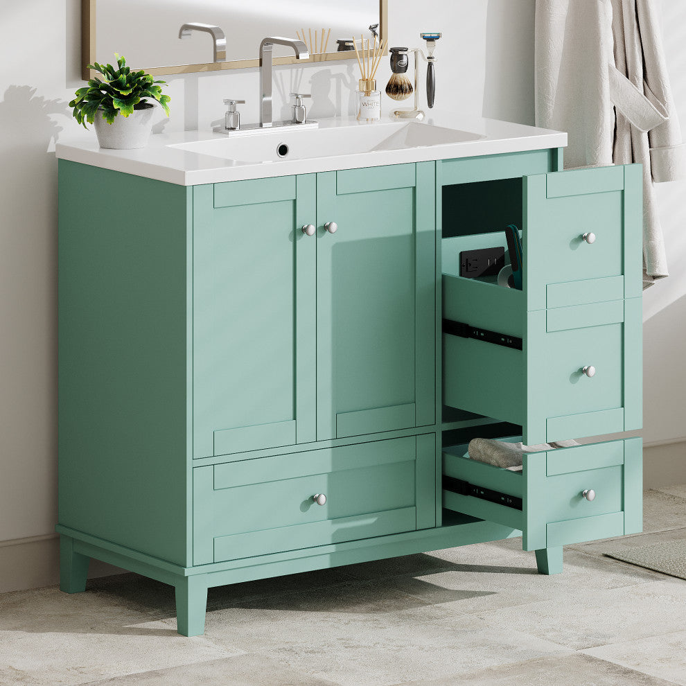 36" Freestanding Bath Vanity Set, Integrated Resin Sink, Green