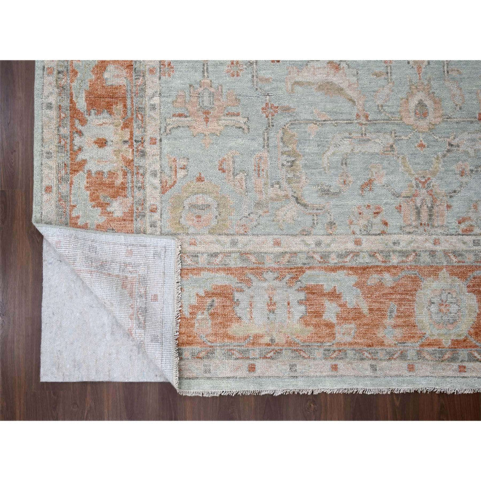 Sage Green Hand Knotted Oushak Design Wool Over Oriental Rug, 11'10"x14'8"