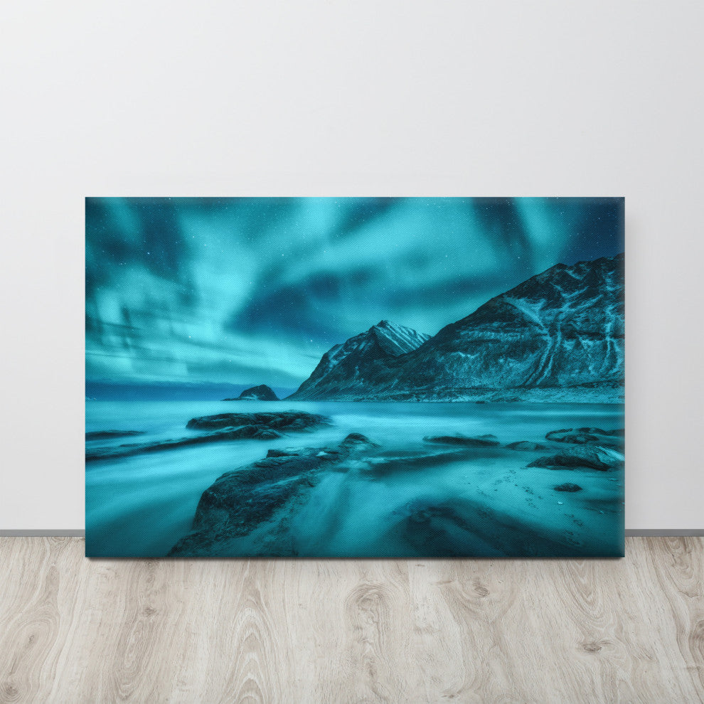 Blue Northern Lights and Mountain Coast Landscape Photo Canvas Wall Art Prints, 24" X 36"