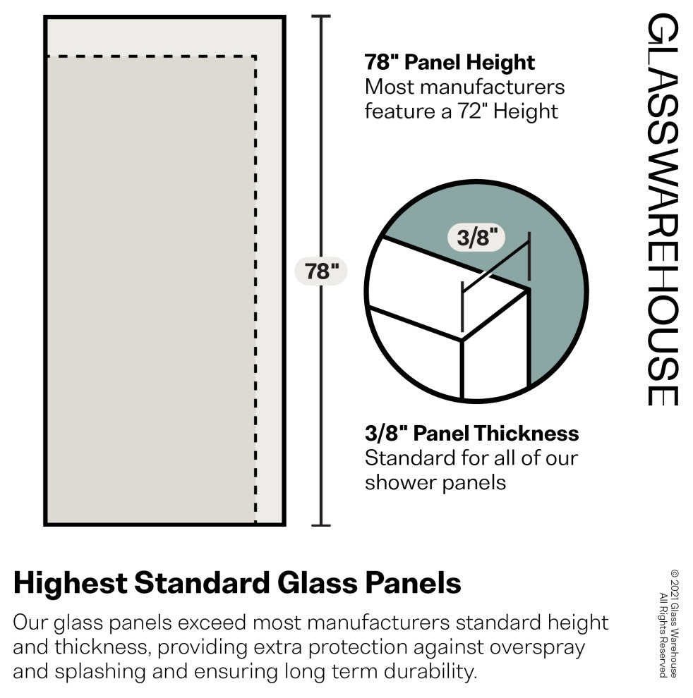 30"x78" Frameless Shower Door, Single Fixed Panel Fluted Radius, Polished Brass, 30" Right