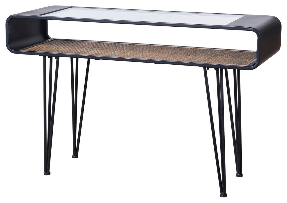 Aaron Console Table Graphite Metal, Clear Glass Top, Rattan Lower Shelf