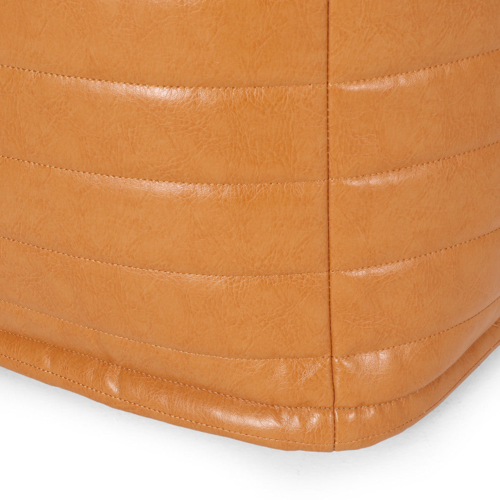 Conrail Contemporary Faux Leather Channel Stitch Pouf, Caramel, Cube