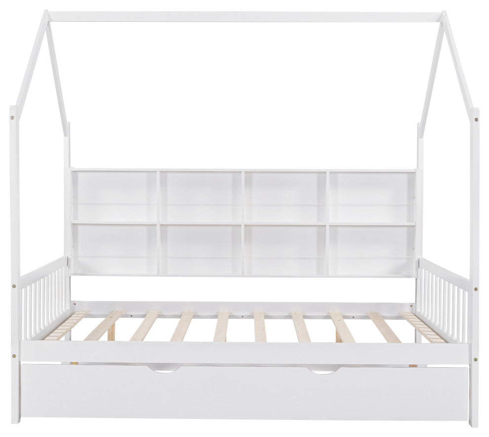Gewnee Wood Full Size House Bed with Trundle for Kids in White