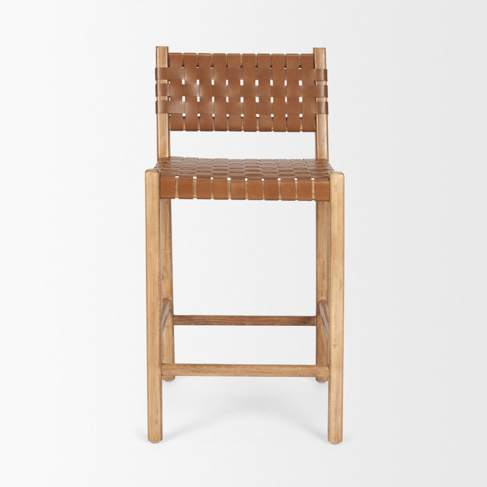 Shane Brown Wood With Woven Brown Leather Counter Stool