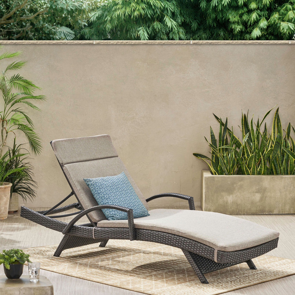 GDF Studio Solaris Outdoor Gray Wicker Armed Chaise Lounge With Cushion, Charcoa