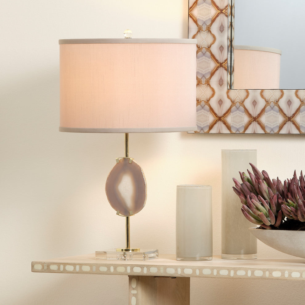 Agate Slice Table Lamp, Natural Lavender Agate and Antique Brass Metal