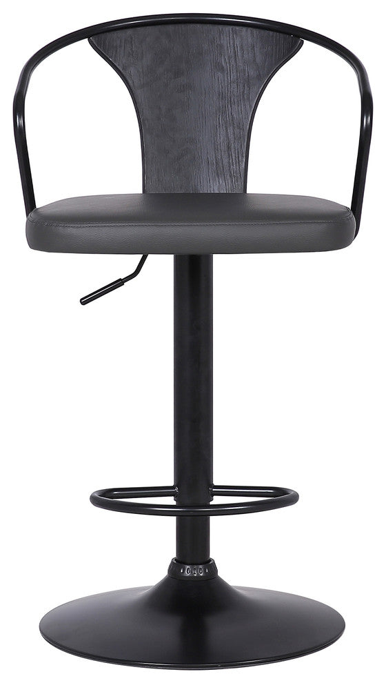 Eagle Adjustable Barstool, Black Powder Coated Finish With Black Faux Leather, Gray