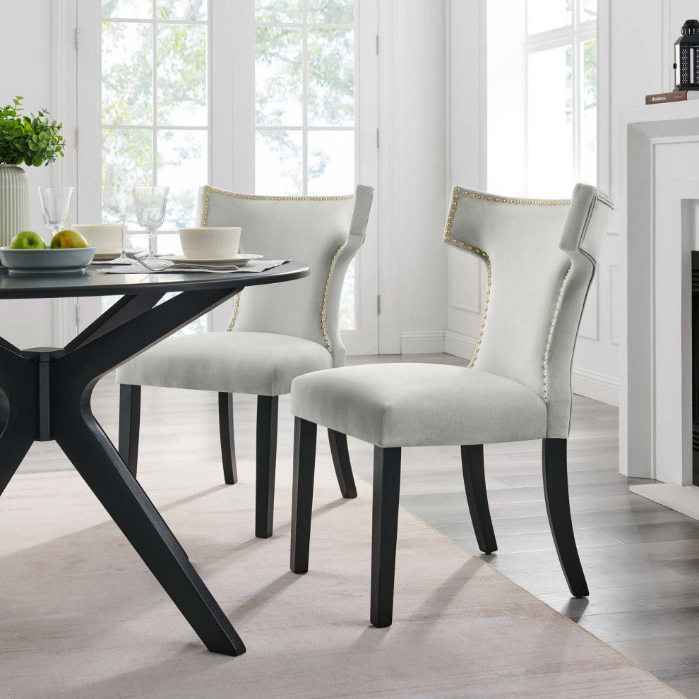 Curve Performance Velvet Dining Chairs, Set of 2, Light Gray