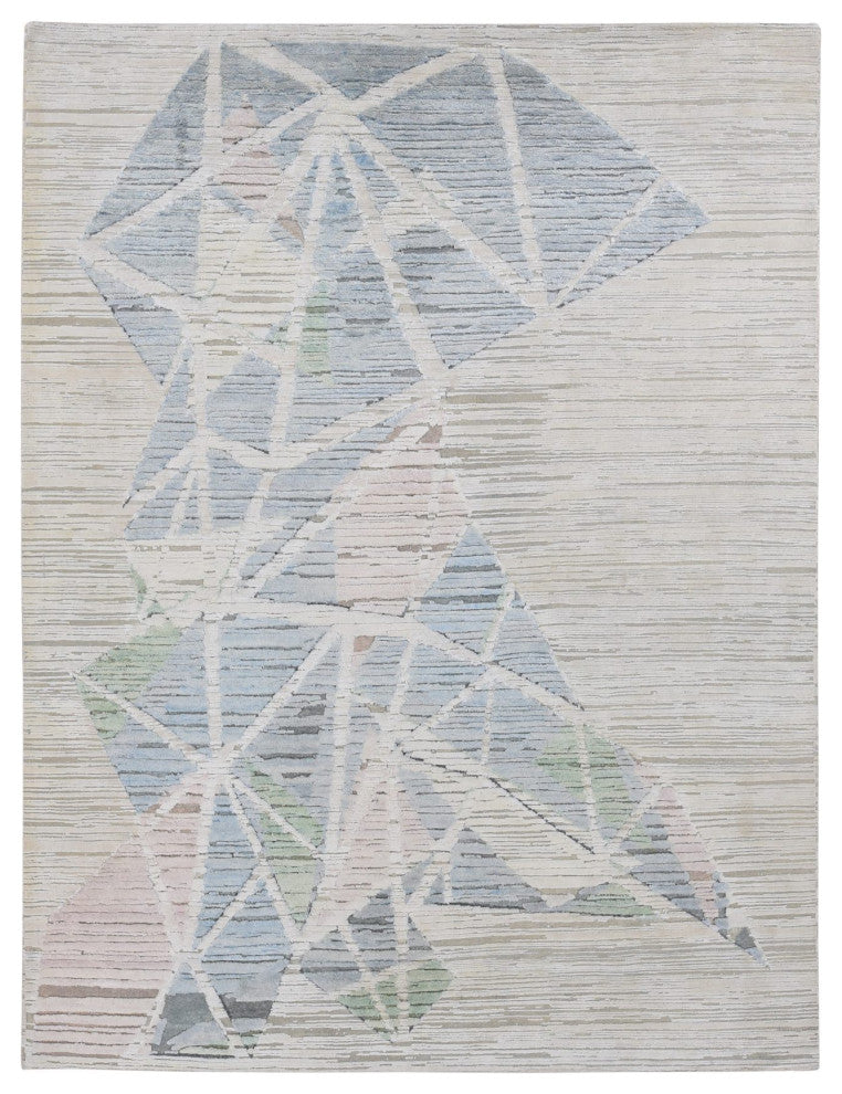 Ivory Modern Abstract Design Pure Silk With Wool Hand Knotted Rug 9'x12'
