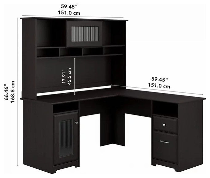 L-Shaped Desk With Hutch, Multiple Cabinets & Open Compartments, Espresso Oak