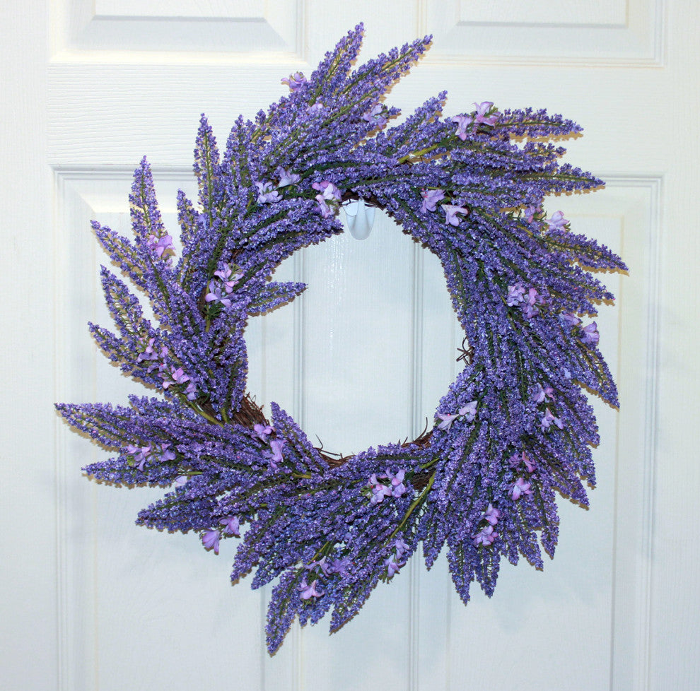 22" Heather Wreath With Purple Flowers On Natural Twig Base