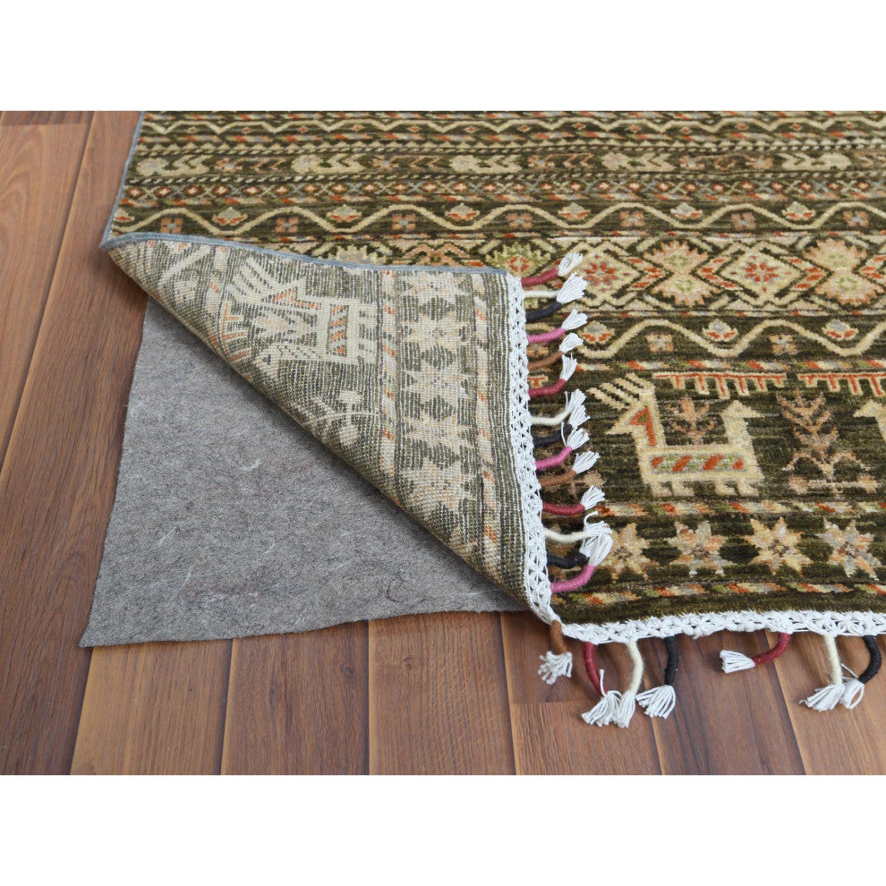 Green With Colorful Tassles Hand Knotted Super Kazak Khorjin Rug, 4'0"x5'9"