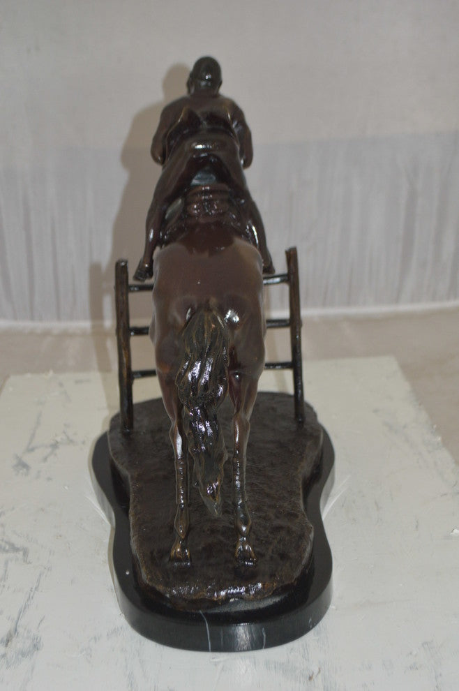Jockey With Horse Jumping Over Hurdle Bronze Statue Medium  23"L x 10"W x 16"H