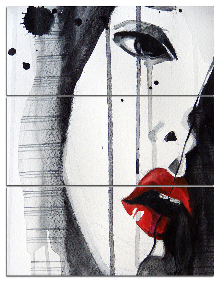 "Black Illustrated Girl Close-up" Painting Metal Wall Art, 3 Panels, 28"x36"