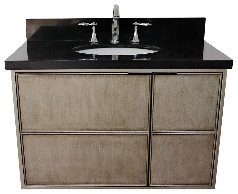 37" Single Wall Mount Vanity, Linen Brown Finish With Black Galaxy Top