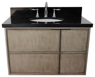 37" Single Wall Mount Vanity, Linen Brown Finish With Black Galaxy Top