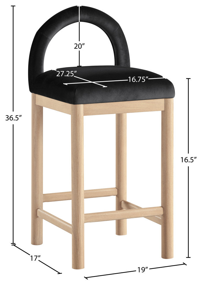 Conrad Upholstered Bar and Counter Stool, Black, Velvet, Natural