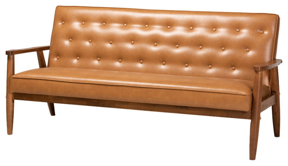 Sorrento Mid-Century Tan Faux Leather and Walnut Wood Sofa