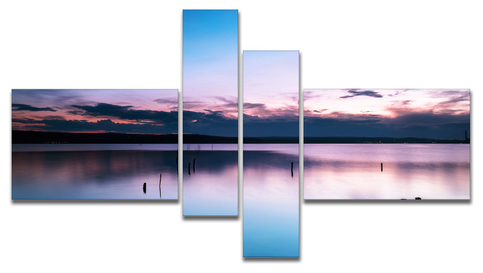 Sunset Over Lake Blue Everywhere, Seashore Canvas Art Print, 60"x32", 4 panels