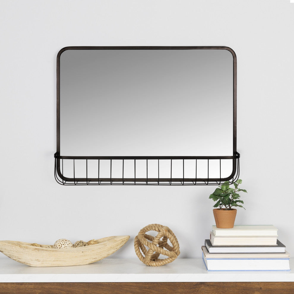 Black Modern Farmhouse Metal Wall Mirror With Basket