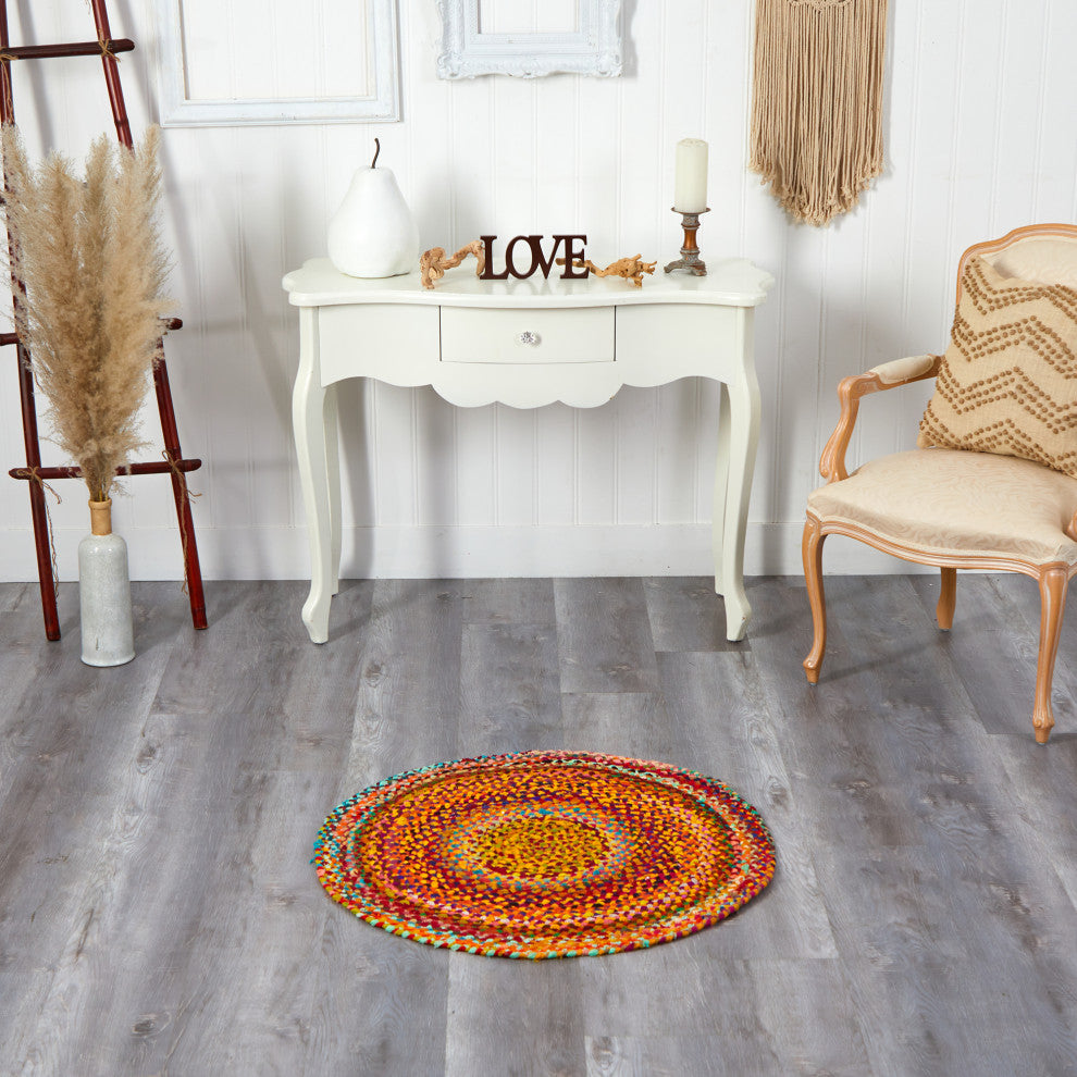 3'' x 3'' Hand Braided Boho Colorful Chindi Round Rug