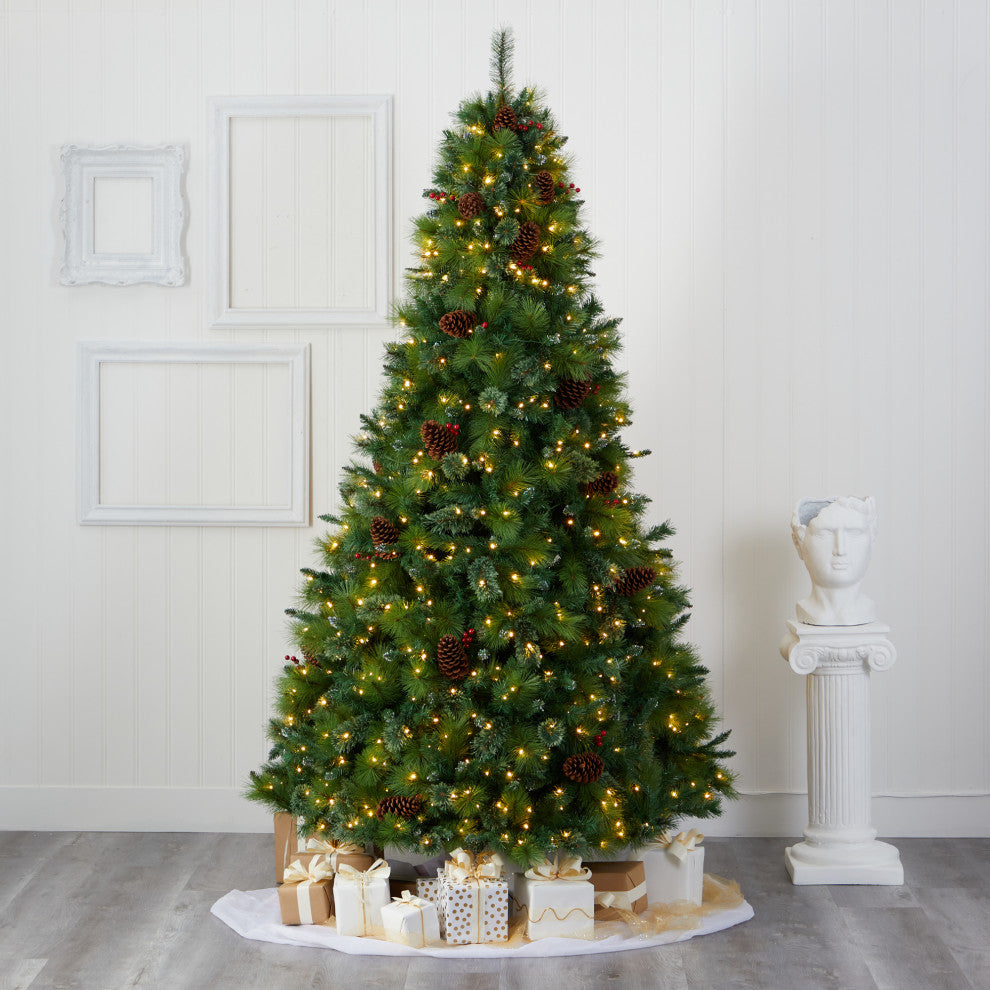 8' Montana Mixed Pine Faux Xmas Tree With Pine Cones, Berries & 700 Clear Lights