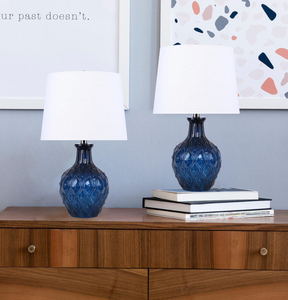 20.5" Patterned Dark Moroccan Blue Glass Table Lamp, Off-White Shades, Set of 2