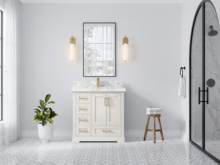 Boston 36" Center Sink Bath Vanity in Alabaster 2" Carrara Marble