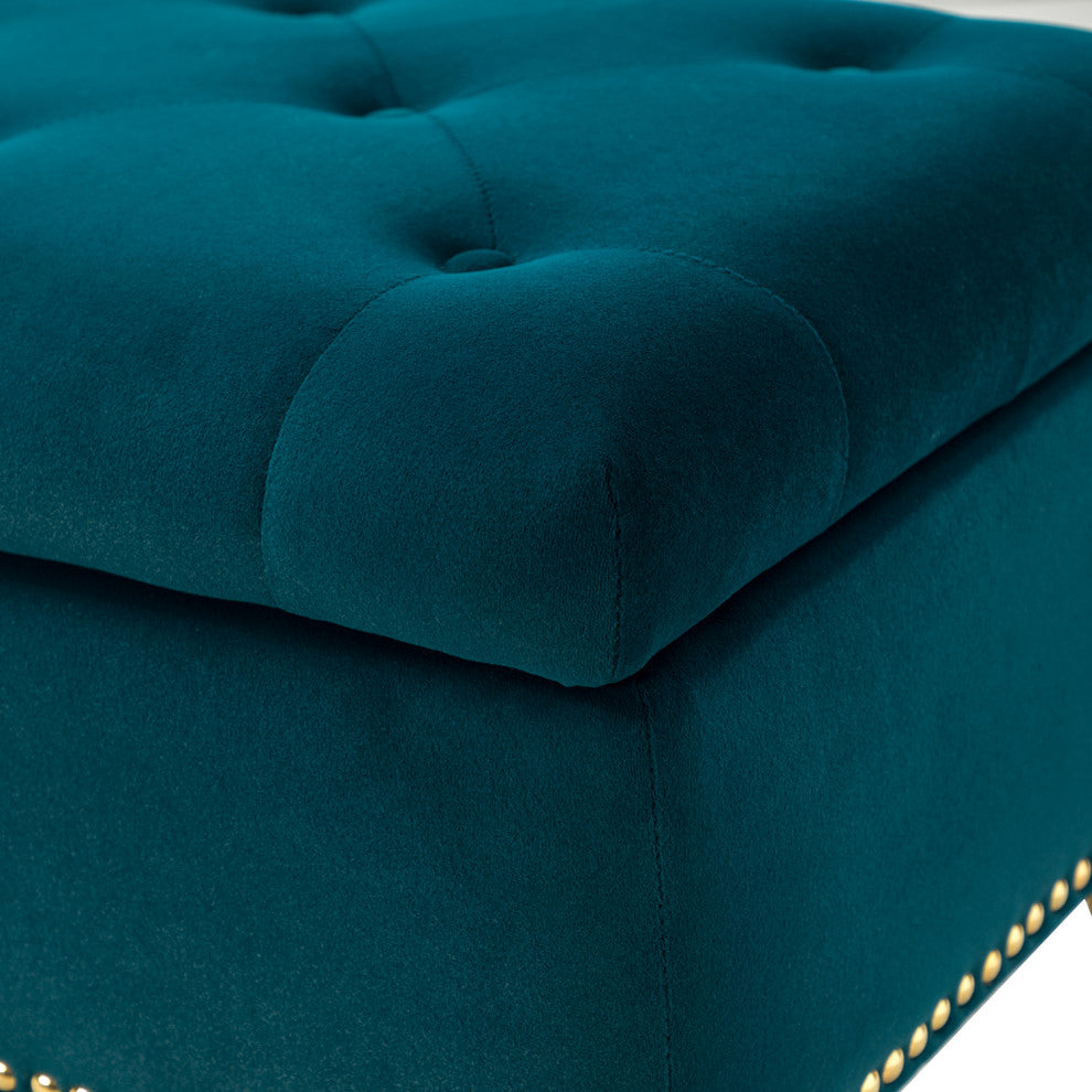 Button-tufted Storage Bench with Nailhead Trim, Teal