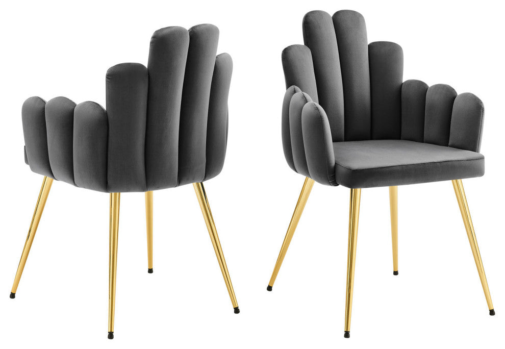 Dining Chair, Set of 2, Gold Gray, Velvet, Modern Cafe Bistro Hospitality