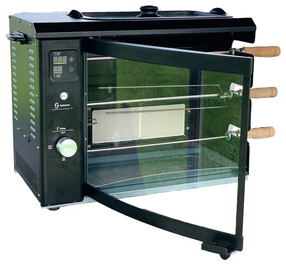 Brazilian Gas Rotisserie Grill With 3 Skewers and Upper Tray, Black