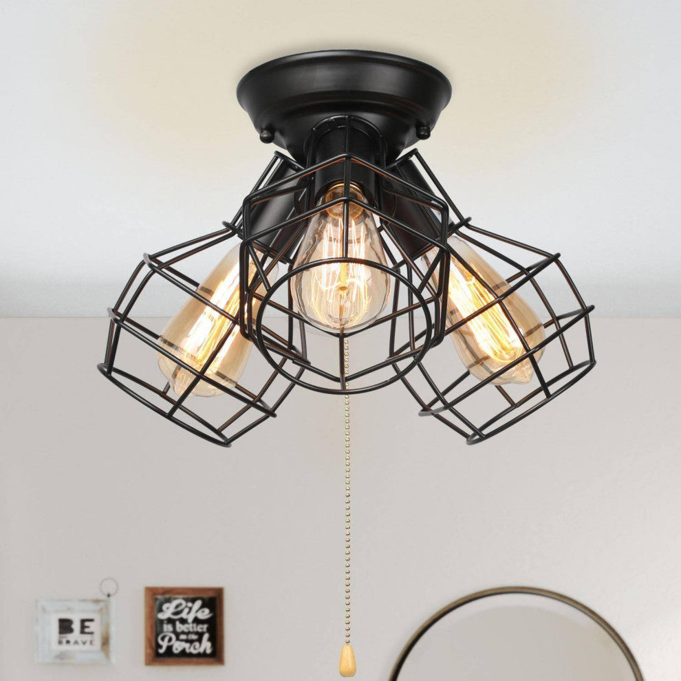 LNC 3-Light Industrial Pull-String Ceiling Lamp, Matte Black