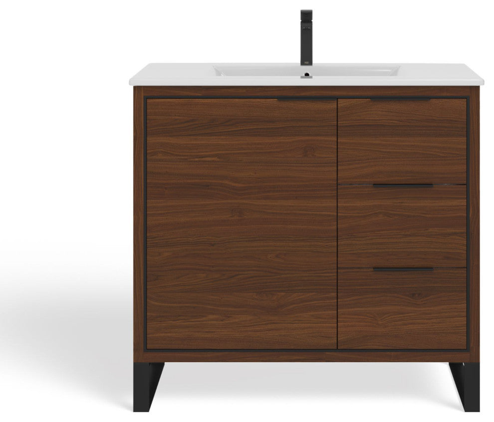 Bradford Bath Vanity, Walnut, 36", Black Hardware, Single Sink, Freestanding