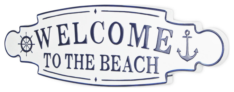 White and Blue Lacquered Finish Wall Sign, Welcome to the Beach