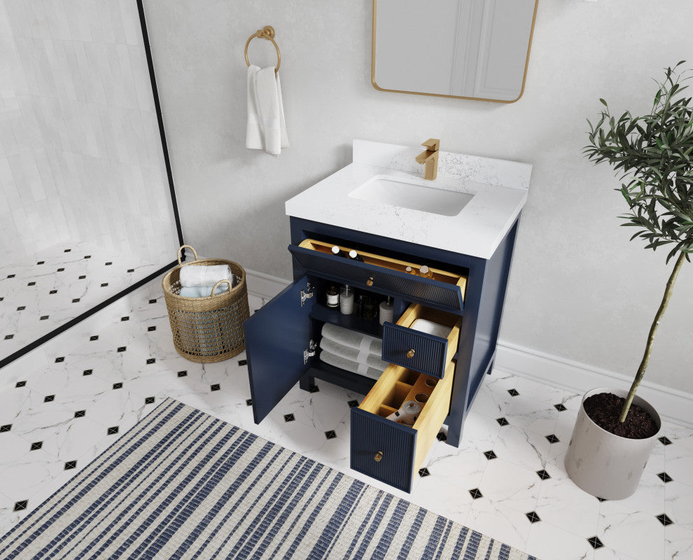 Sonoma 30 Single Sink Reeded Bath Vanity in Hale Navy Blue 2" White Quartz