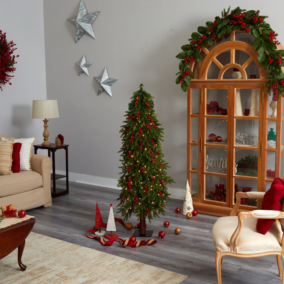 5' Victoria Fir Faux Xmas Tree W/200 Multi-Color, Multifunction Lights, Berries