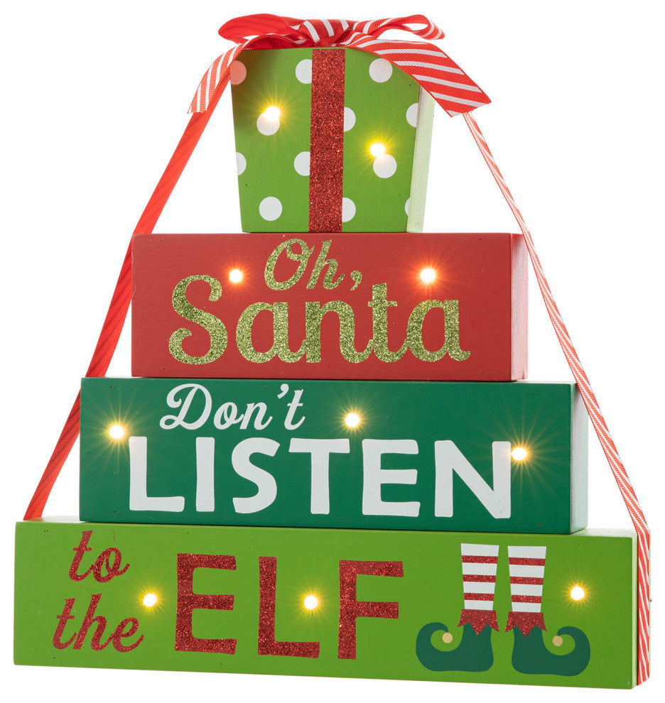 12"H Lighted Wooden Christmas Block Table Decor, Gift Box