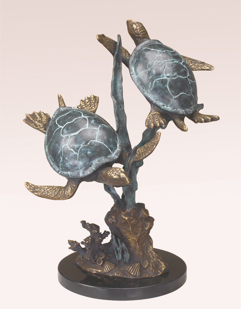 Sea Turtle Duet Brass and Marble Statue Hand Painted Accents