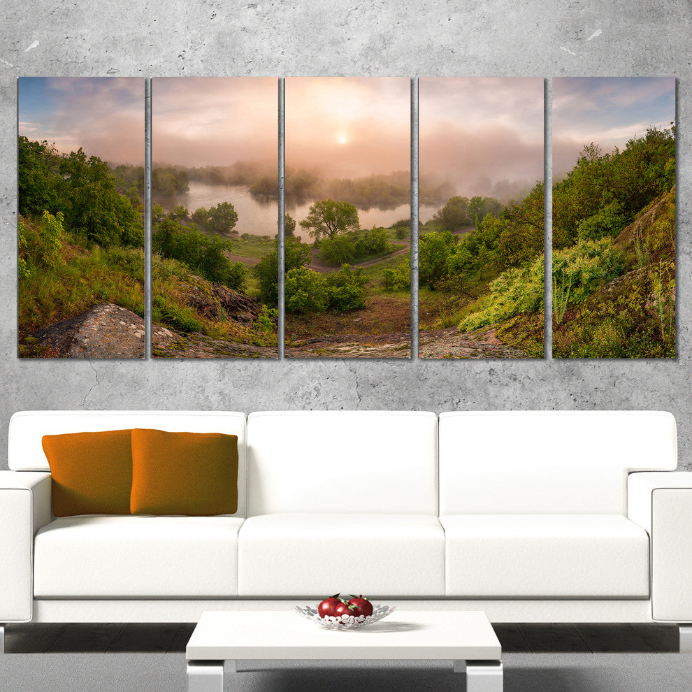 "Rising Above the River Mist" Landscape Photo Wall Art, 5 Panels, 60"x28"